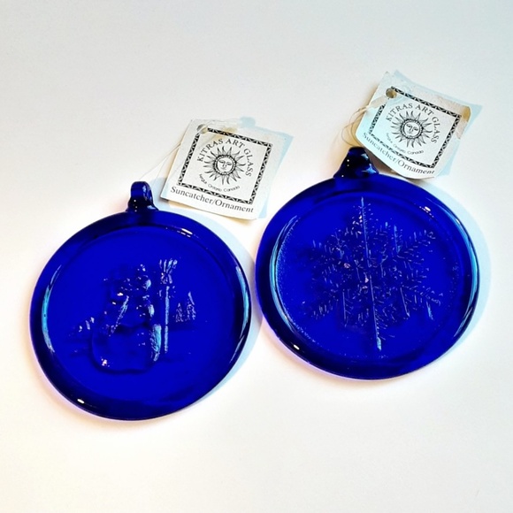 Kitras Art Glass Ornaments Suncatchers Set of 2 Snowflake Snowman 3.5 in Blue - Picture 14 of 14